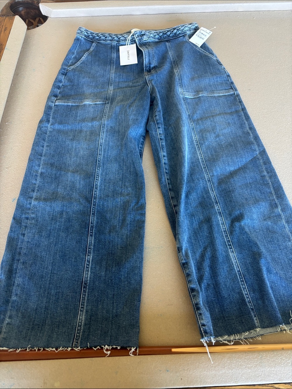 FRAME New High-Rise Wide Leg Jeans with Braided Waistband - Medium Blue